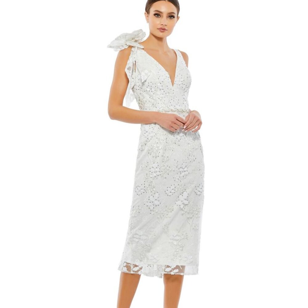 Mac Duggal 793337 Floral Embellished Midi Dress in Ivory Size 2